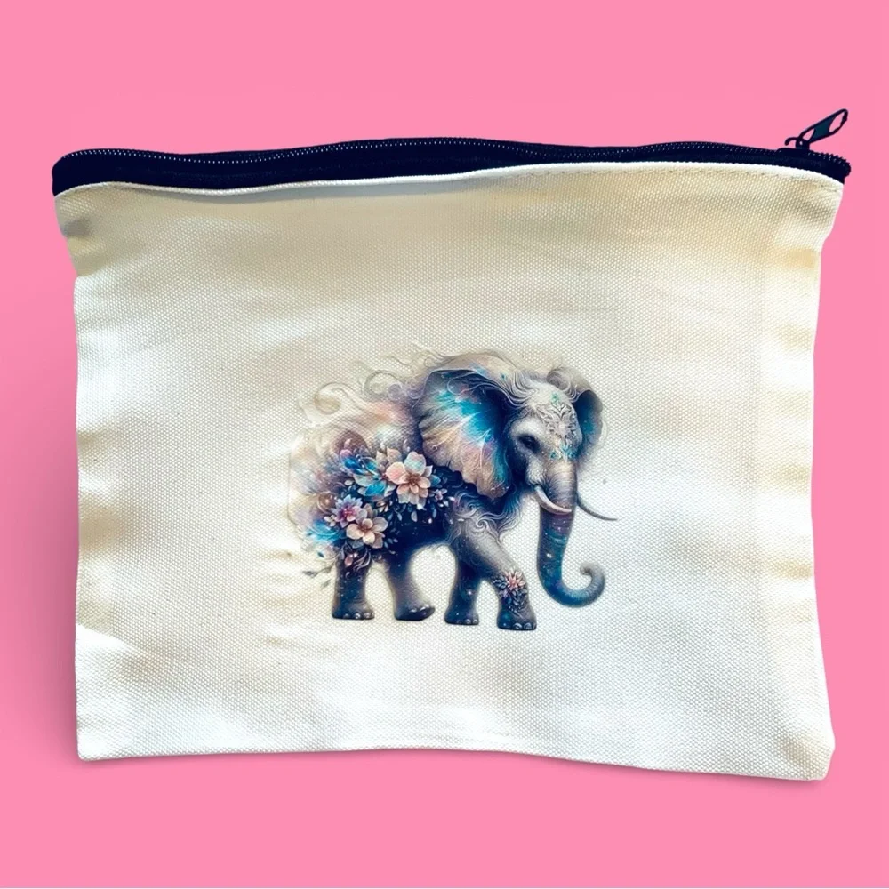 Canvas ‘Floral Elephant’ Cosmetic or Feminine Hygiene Pouch Bag. Handmade